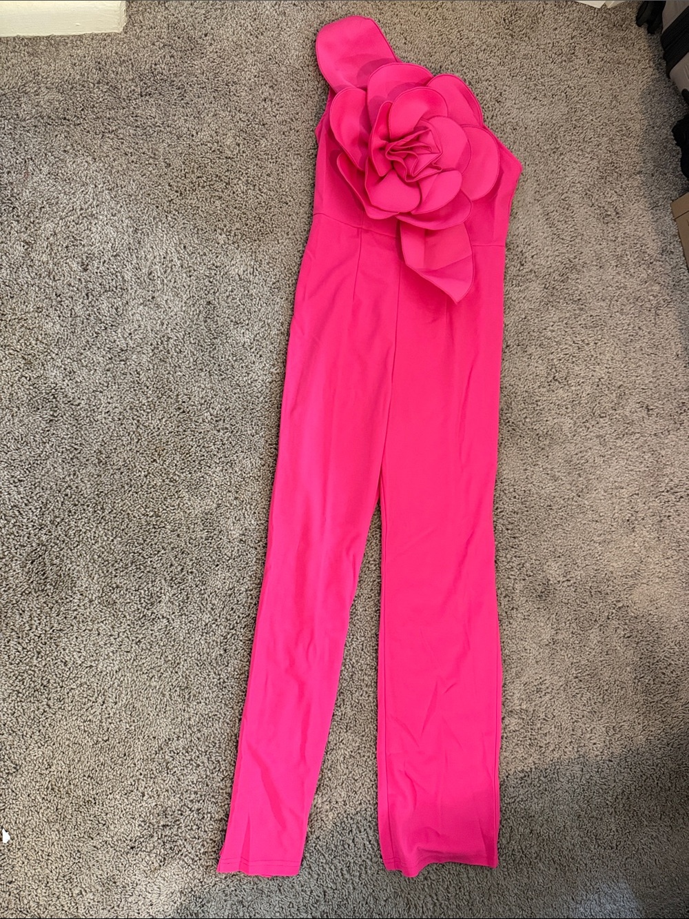 Bright Pink One Shoulder Strapless Jumpsuit with Floral Accent
